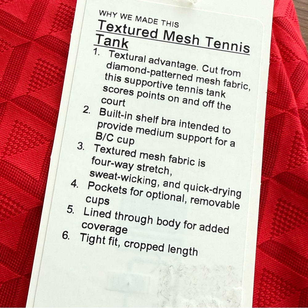 Lululemon Textured Mesh Tennis Tank Top XL Red  Medium Support B/C Cup New - Picture 5 of 7